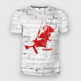 Мужская футболка 3D Slim с принтом Banksy girl on a swing в Белгороде, 100% полиэстер с улучшенными характеристиками | приталенный силуэт, круглая горловина, широкие плечи, сужается к линии бедра | 