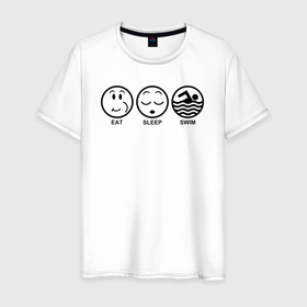 Мужская футболка хлопок с принтом Есть Спать Плавать смайликами в Курске, 100% хлопок | прямой крой, круглый вырез горловины, длина до линии бедер, слегка спущенное плечо. | Тематика изображения на принте: 