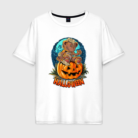 Мужская футболка хлопок Oversize с принтом Halloween    Мишка на тыкве в Курске, 100% хлопок | свободный крой, круглый ворот, “спинка” длиннее передней части | Тематика изображения на принте: 