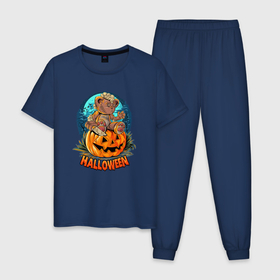 Мужская пижама хлопок с принтом Halloween    Мишка на тыкве в Санкт-Петербурге, 100% хлопок | брюки и футболка прямого кроя, без карманов, на брюках мягкая резинка на поясе и по низу штанин
 | Тематика изображения на принте: 