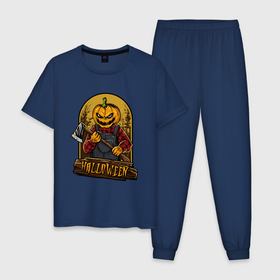 Мужская пижама хлопок с принтом Хэллоуин   тыква монстр с топором в Петрозаводске, 100% хлопок | брюки и футболка прямого кроя, без карманов, на брюках мягкая резинка на поясе и по низу штанин
 | 