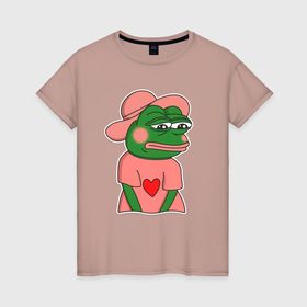 Женская футболка хлопок с принтом Лягушка Пепе скромничает в Екатеринбурге, 100% хлопок | прямой крой, круглый вырез горловины, длина до линии бедер, слегка спущенное плечо | 