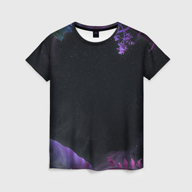 Женская футболка 3D с принтом Неоновые космические тропики в Петрозаводске, 100% полиэфир ( синтетическое хлопкоподобное полотно) | прямой крой, круглый вырез горловины, длина до линии бедер | 