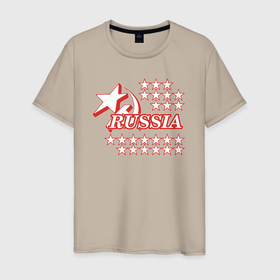 Мужская футболка хлопок с принтом RUSSIA   звёзды в Кировске, 100% хлопок | прямой крой, круглый вырез горловины, длина до линии бедер, слегка спущенное плечо. | 