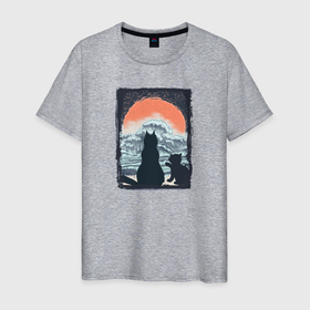 Мужская футболка хлопок с принтом Кошки, море и луна , 100% хлопок | прямой крой, круглый вырез горловины, длина до линии бедер, слегка спущенное плечо. | Тематика изображения на принте: 