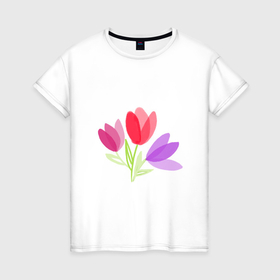 Женская футболка хлопок с принтом Тюльпаны в стиле акварель , 100% хлопок | прямой крой, круглый вырез горловины, длина до линии бедер, слегка спущенное плечо | 