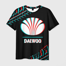 Мужская футболка 3D с принтом Значок Daewoo в стиле glitch на темном фоне , 100% полиэфир | прямой крой, круглый вырез горловины, длина до линии бедер | Тематика изображения на принте: 