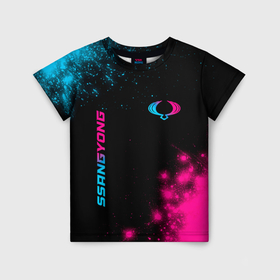 Детская футболка 3D с принтом SsangYong   neon gradient: надпись, символ в Санкт-Петербурге, 100% гипоаллергенный полиэфир | прямой крой, круглый вырез горловины, длина до линии бедер, чуть спущенное плечо, ткань немного тянется | 