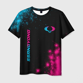 Мужская футболка 3D с принтом SsangYong   neon gradient: надпись, символ , 100% полиэфир | прямой крой, круглый вырез горловины, длина до линии бедер | 