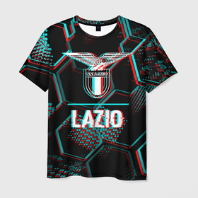Мужская футболка 3D с принтом Lazio FC в стиле glitch на темном фоне в Курске, 100% полиэфир | прямой крой, круглый вырез горловины, длина до линии бедер | 