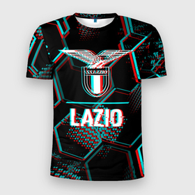 Мужская футболка 3D Slim с принтом Lazio FC в стиле glitch на темном фоне в Курске, 100% полиэстер с улучшенными характеристиками | приталенный силуэт, круглая горловина, широкие плечи, сужается к линии бедра | Тематика изображения на принте: 