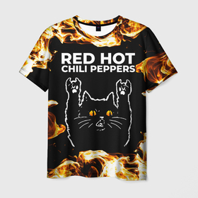 Мужская футболка 3D с принтом Red Hot Chili Peppers рок кот и огонь в Курске, 100% полиэфир | прямой крой, круглый вырез горловины, длина до линии бедер | 