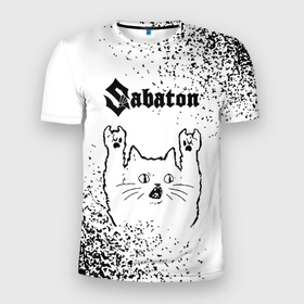 Мужская футболка 3D Slim с принтом Sabaton рок кот на светлом фоне в Петрозаводске, 100% полиэстер с улучшенными характеристиками | приталенный силуэт, круглая горловина, широкие плечи, сужается к линии бедра | 