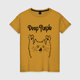 Женская футболка хлопок с принтом Deep Purple   rock cat в Тюмени, 100% хлопок | прямой крой, круглый вырез горловины, длина до линии бедер, слегка спущенное плечо | 