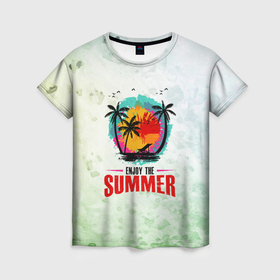 Женская футболка 3D с принтом Солнце  пальмы в Петрозаводске, 100% полиэфир ( синтетическое хлопкоподобное полотно) | прямой крой, круглый вырез горловины, длина до линии бедер | 