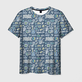 Мужская футболка 3D с принтом Музыкальные инструменты и стили музыки , 100% полиэфир | прямой крой, круглый вырез горловины, длина до линии бедер | 