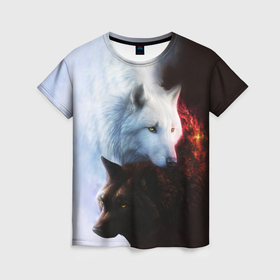 Женская футболка 3D с принтом Черный и белый волк инь и ян в Кировске, 100% полиэфир ( синтетическое хлопкоподобное полотно) | прямой крой, круглый вырез горловины, длина до линии бедер | 