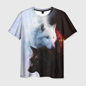 Мужская футболка 3D с принтом Черный и белый волк инь и ян в Белгороде, 100% полиэфир | прямой крой, круглый вырез горловины, длина до линии бедер | Тематика изображения на принте: 