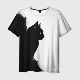 Мужская футболка 3D с принтом Черный силуэт кота в Тюмени, 100% полиэфир | прямой крой, круглый вырез горловины, длина до линии бедер | 