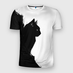 Мужская футболка 3D Slim с принтом Черный силуэт кота в Екатеринбурге, 100% полиэстер с улучшенными характеристиками | приталенный силуэт, круглая горловина, широкие плечи, сужается к линии бедра | 