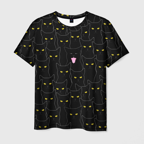 Мужская футболка 3D с принтом Black cats pattern в Петрозаводске, 100% полиэфир | прямой крой, круглый вырез горловины, длина до линии бедер | 