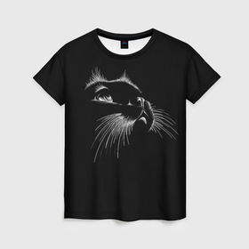 Женская футболка 3D с принтом Мордочка кота на черном , 100% полиэфир ( синтетическое хлопкоподобное полотно) | прямой крой, круглый вырез горловины, длина до линии бедер | 