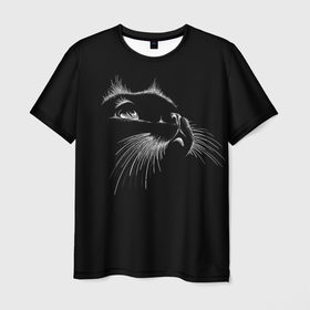 Мужская футболка 3D с принтом Мордочка кота на черном в Тюмени, 100% полиэфир | прямой крой, круглый вырез горловины, длина до линии бедер | 