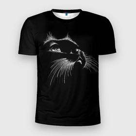 Мужская футболка 3D Slim с принтом Мордочка кота на черном в Санкт-Петербурге, 100% полиэстер с улучшенными характеристиками | приталенный силуэт, круглая горловина, широкие плечи, сужается к линии бедра | 
