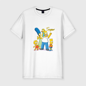 Мужская футболка хлопок Slim с принтом Симпсоны   веселая семейка в Санкт-Петербурге, 92% хлопок, 8% лайкра | приталенный силуэт, круглый вырез ворота, длина до линии бедра, короткий рукав | 