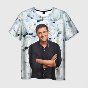 Мужская футболка 3D с принтом Шатунов на фоне роз в Рязани, 100% полиэфир | прямой крой, круглый вырез горловины, длина до линии бедер | Тематика изображения на принте: 