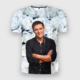 Мужская футболка 3D Slim с принтом Шатунов на фоне роз в Новосибирске, 100% полиэстер с улучшенными характеристиками | приталенный силуэт, круглая горловина, широкие плечи, сужается к линии бедра | 