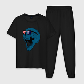 Мужская пижама хлопок с принтом Rock and roll blue skull в Тюмени, 100% хлопок | брюки и футболка прямого кроя, без карманов, на брюках мягкая резинка на поясе и по низу штанин
 | 