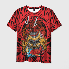 Мужская футболка 3D с принтом Маска воина самурая с драконом в Петрозаводске, 100% полиэфир | прямой крой, круглый вырез горловины, длина до линии бедер | 