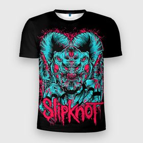 Мужская футболка 3D Slim с принтом Slipknot demon в Тюмени, 100% полиэстер с улучшенными характеристиками | приталенный силуэт, круглая горловина, широкие плечи, сужается к линии бедра | Тематика изображения на принте: 
