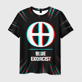 Мужская футболка 3D с принтом Символ Blue Exorcist в стиле glitch на темном фоне в Петрозаводске, 100% полиэфир | прямой крой, круглый вырез горловины, длина до линии бедер | 