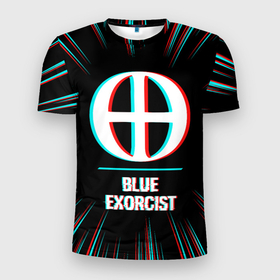 Мужская футболка 3D Slim с принтом Символ Blue Exorcist в стиле glitch на темном фоне в Белгороде, 100% полиэстер с улучшенными характеристиками | приталенный силуэт, круглая горловина, широкие плечи, сужается к линии бедра | 