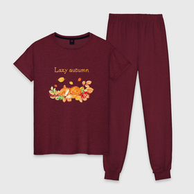 Женская пижама хлопок с принтом Lazy autumn with a fox , 100% хлопок | брюки и футболка прямого кроя, без карманов, на брюках мягкая резинка на поясе и по низу штанин | 