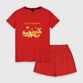 Женская пижама с шортиками хлопок с принтом Lazy autumn with a fox , 100% хлопок | футболка прямого кроя, шорты свободные с широкой мягкой резинкой | 