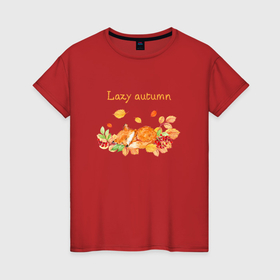 Женская футболка хлопок с принтом Lazy autumn with a fox в Петрозаводске, 100% хлопок | прямой крой, круглый вырез горловины, длина до линии бедер, слегка спущенное плечо | 