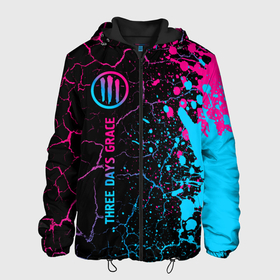 Мужская куртка 3D с принтом Three Days Grace   neon gradient: по вертикали в Новосибирске, ткань верха — 100% полиэстер, подклад — флис | прямой крой, подол и капюшон оформлены резинкой с фиксаторами, два кармана без застежек по бокам, один большой потайной карман на груди. Карман на груди застегивается на липучку | Тематика изображения на принте: 