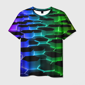 Мужская футболка 3D с принтом Неоновые шестиугольники в Санкт-Петербурге, 100% полиэфир | прямой крой, круглый вырез горловины, длина до линии бедер | 