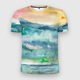 Мужская футболка 3D Slim с принтом Туманный рассвет в горах акварель в Курске, 100% полиэстер с улучшенными характеристиками | приталенный силуэт, круглая горловина, широкие плечи, сужается к линии бедра | 