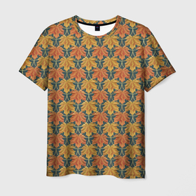 Мужская футболка 3D с принтом Осенние кленовые листья в золотой чешуей на бирюзовом фоне в Санкт-Петербурге, 100% полиэфир | прямой крой, круглый вырез горловины, длина до линии бедер | 