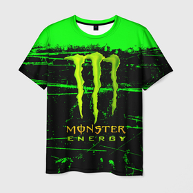 Мужская футболка 3D с принтом Monster energy green neon в Тюмени, 100% полиэфир | прямой крой, круглый вырез горловины, длина до линии бедер | 