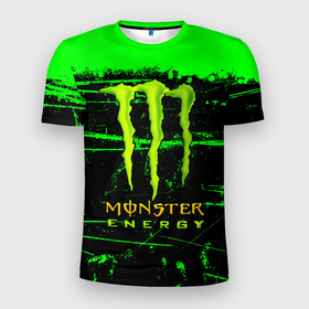Мужская футболка 3D Slim с принтом Monster energy green neon в Тюмени, 100% полиэстер с улучшенными характеристиками | приталенный силуэт, круглая горловина, широкие плечи, сужается к линии бедра | 