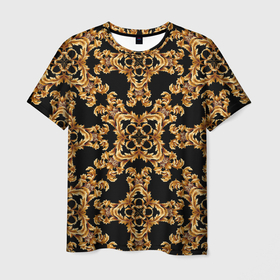 Мужская футболка 3D с принтом Золотая гжель ретро цветы в Екатеринбурге, 100% полиэфир | прямой крой, круглый вырез горловины, длина до линии бедер | Тематика изображения на принте: 