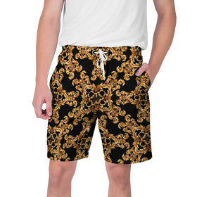 Мужские шорты 3D с принтом Золотая гжель ретро цветы в Екатеринбурге,  полиэстер 100% | прямой крой, два кармана без застежек по бокам. Мягкая трикотажная резинка на поясе, внутри которой широкие завязки. Длина чуть выше колен | 