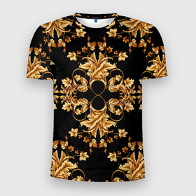 Мужская футболка 3D Slim с принтом Золотая гжель узор в Петрозаводске, 100% полиэстер с улучшенными характеристиками | приталенный силуэт, круглая горловина, широкие плечи, сужается к линии бедра | 