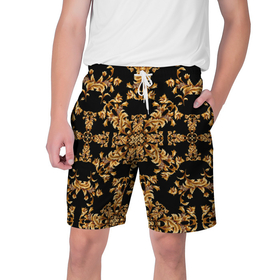 Мужские шорты 3D с принтом Золотая гжель узор цветы в Петрозаводске,  полиэстер 100% | прямой крой, два кармана без застежек по бокам. Мягкая трикотажная резинка на поясе, внутри которой широкие завязки. Длина чуть выше колен | 