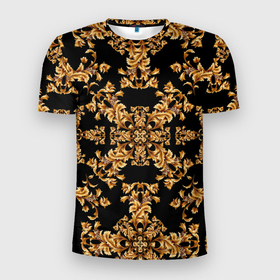 Мужская футболка 3D Slim с принтом Золотая гжель узор цветы в Петрозаводске, 100% полиэстер с улучшенными характеристиками | приталенный силуэт, круглая горловина, широкие плечи, сужается к линии бедра | 